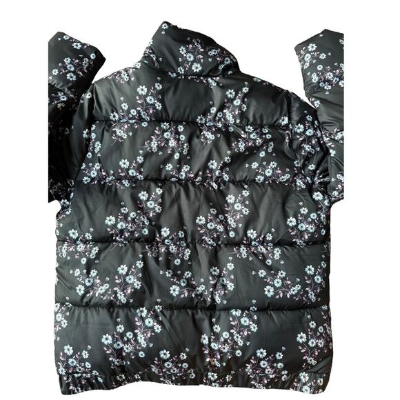 Floral puffer jacket by Skechers black, blue & pink stand collar size large - Picture 9 of 12